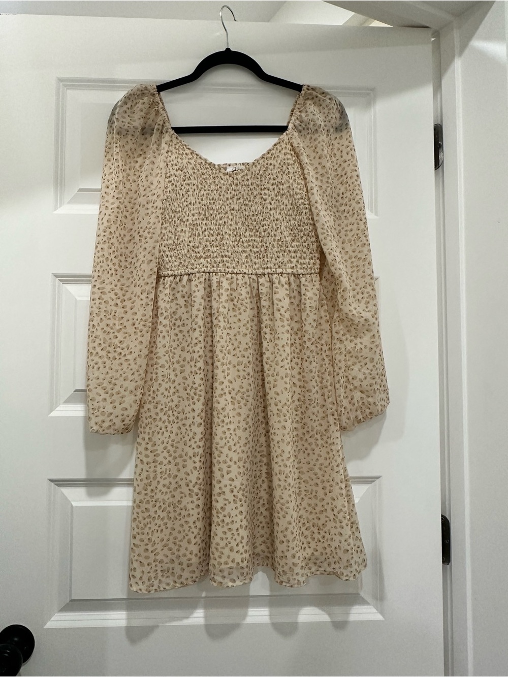 Cream Floral Smocked Empire Waist Long-Sleeve Dress